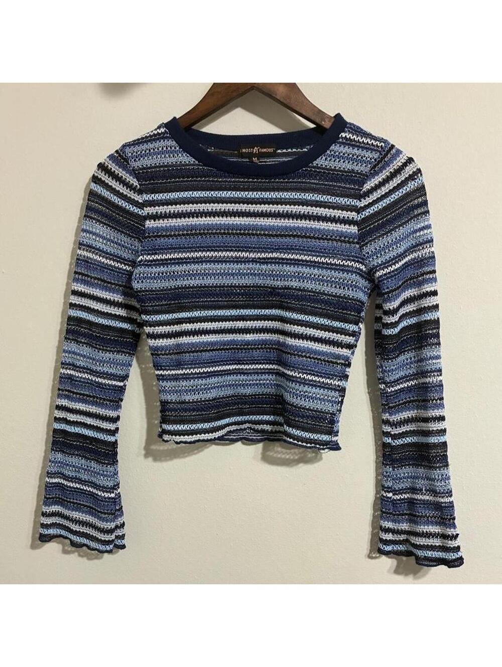 Almost Famous Blue Open Knit Bell Sleeve Y2K Crop Top Size M